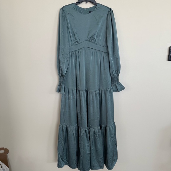 Zahraa The Label Long Sleeve Smocked Tiered Maxi Dress in French Blue Satin - Picture 2 of 8